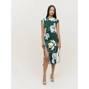 Reformation Frasier Dress Green White Yellow Large Floral Print Button Detail